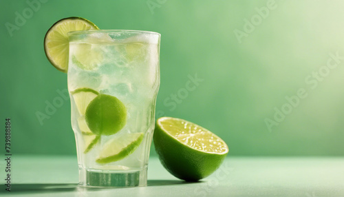 cold lime drink with lime and sliced lime, isolated light background with decorative leaves, copy space for text 