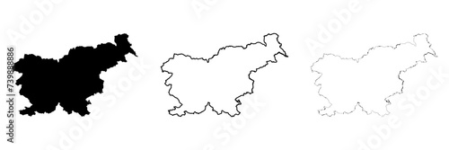 Slovenia country silhouette. Set of 3 high detailed maps. Solid black silhouette, thick black outline and thin black outline. Vector illustration isolated on white background.