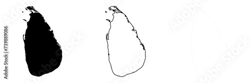 Sri Lanka country silhouette. Set of 3 high detailed maps. Solid black silhouette, thick black outline and thin black outline. Vector illustration isolated on white background.