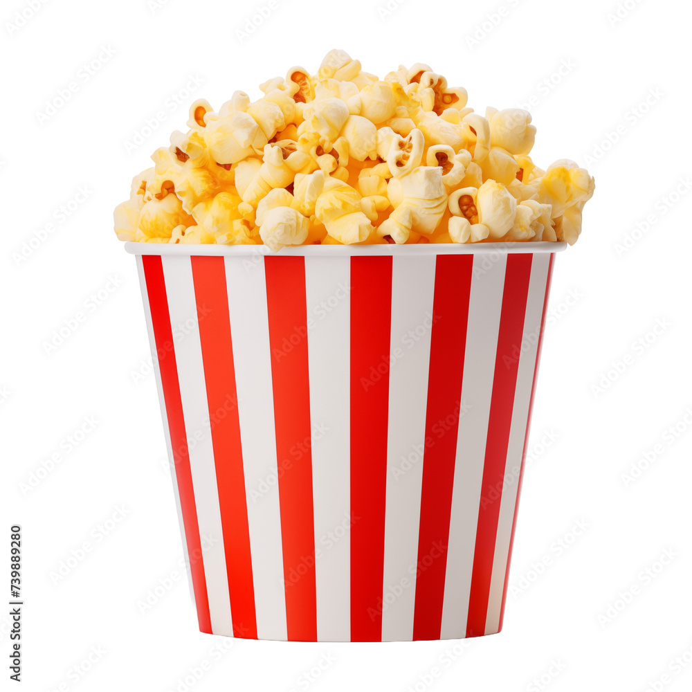 Bucket of popcorn. Delicious Cinema Popcorn isolated on white and transparent background. Ideal for use in advertising. Generative ai Bucket of popcorn. Delicious Cinema Popcorn isolated on white and transparent background. Ideal for use in advertising. Generative ai