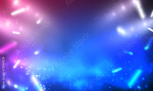 Empty background scene with spotlights and sparkling confetti. Show stage backdrop with spotlight effect. Rays through the fog. Smoke, fog. Motion futuristic background with particles. Vector EPS10.