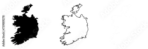Ireland country silhouette. Set of 3 high detailed maps. Solid black silhouette  thick black outline and thin black outline. Vector illustration isolated on white background.
