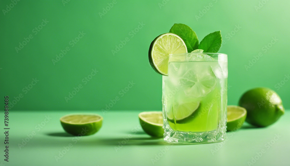 cold lime drink with lime and sliced lime, isolated light green background with decorative leaves
cold lime drink with lime and sliced lime, isolated light green background with decorative leaves