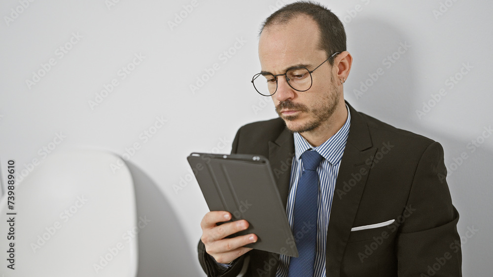 Serious bald businessman with glasses reading tablet in minimalist office setting Serious bald businessman with glasses reading tablet in minimalist office setting