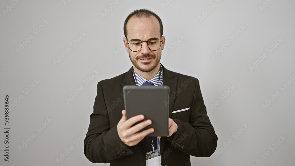 Hispanic bald man with beard in suit reading tablet against white background. Hispanic bald man with beard in suit reading tablet against white background.