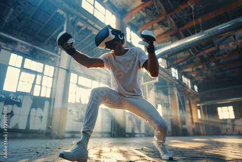 A stylish man confidently dances on the indoor ground, his feet adorned with unique footwear as he swings a virtual sword in one hand and punches the air with boxing gloves, fully immersed in a virtu photo