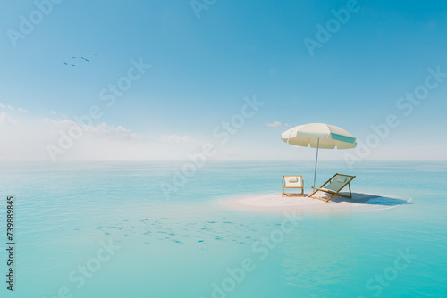 tranquil beach oasis with two beach chairs and a parasol on a small, pristine sandbar surrounded by the expansive turquoise sea. Tropical summer concept.