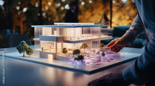 An architect carefully examines a detailed architectural model of a building, placed on a desk within a contemporary office setting, showcasing meticulous design and planning stages.