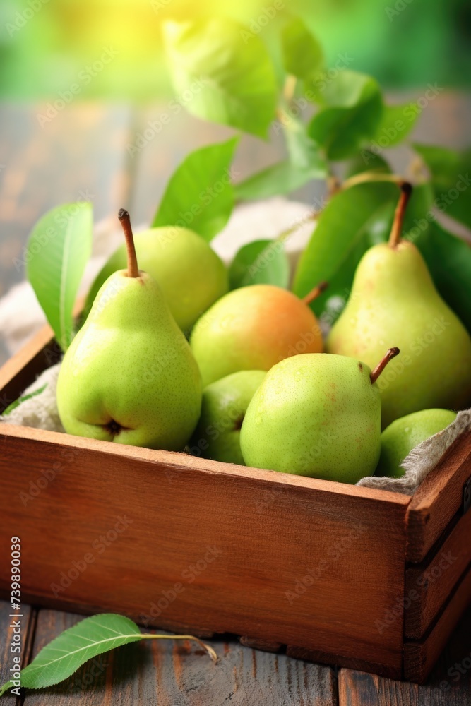 fresh pears in a wooden box
