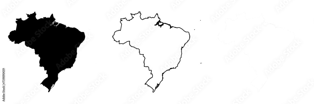 Brazil country silhouette. Set of 3 high detailed maps. Solid black silhouette, thick black outline and thin black outline. Vector illustration isolated on white background.