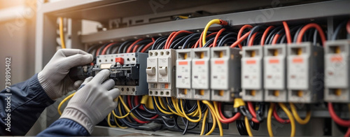 A technician carefully examines voltage levels at the circuit breaker terminal and checks the cable wiring in the main power distribution board photo