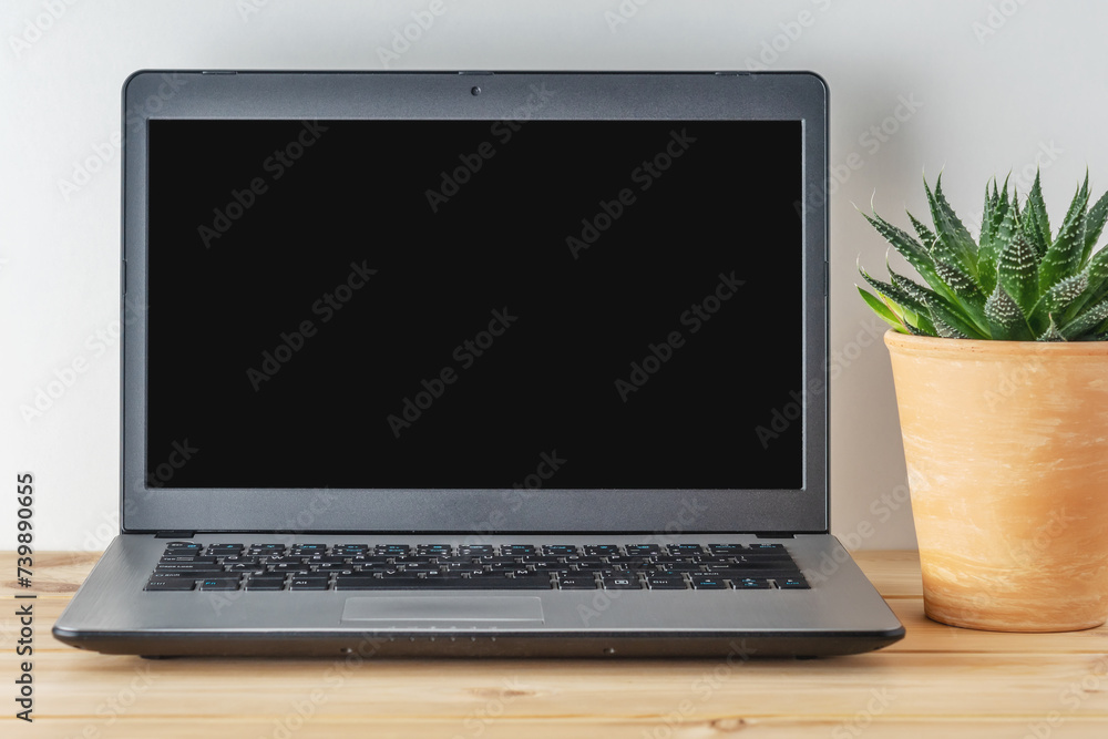 Laptop on a wooden table with a cactus plant. Home office concept. Laptop on a wooden table with a cactus plant. Home office concept.