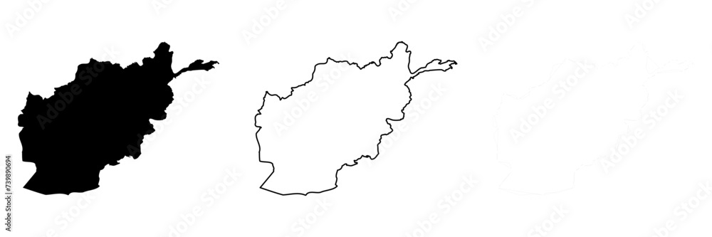 Afghanistan country silhouette. Set of 3 high detailed maps. Solid black silhouette, thick black outline and thin black outline. Vector illustration isolated on white background. Afghanistan country silhouette. Set of 3 high detailed maps. Solid black silhouette, thick black outline and thin black outline. Vector illustration isolated on white background.