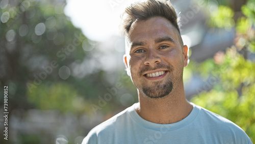 Portrait of a smiling young hispanic man with a beard, casually dressed, in a sunny park setting.