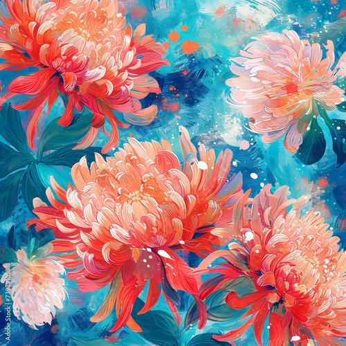 Beautiful Chrysanthemum Flowers on Blue Background with Watercolor Splotches for Floral Design and Artistic Projects