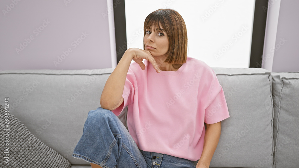 Troubled young hispanic woman with beautiful expression and short hairstyle sits in doubt, sitting on living room sofa, indoors. portrait of a serious adult female, worried in her apartment Troubled young hispanic woman with beautiful expression and short hairstyle sits in doubt, sitting on living room sofa, indoors. portrait of a serious adult female, worried in her apartment