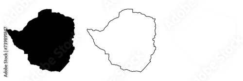 Zimbabwe country silhouette. Set of 3 high detailed maps. Solid black silhouette, thick black outline and thin black outline. Vector illustration isolated on white background.