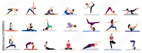 Collection of young woman performing physical exercises. Bundle of female cartoon character demonstrating various yoga positions isolated on light background. Colorful flat vector illustration.