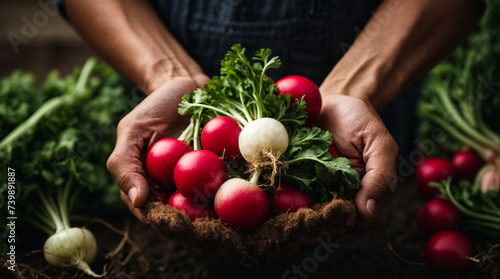 Close-Up of Freshly Harvested Organic Radishes Held by Farmer's Hands
