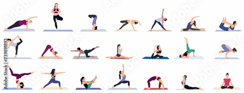 Collection of young woman performing physical exercises. Bundle of female cartoon character demonstrating various yoga positions isolated on light background. Colorful flat illustration. photo