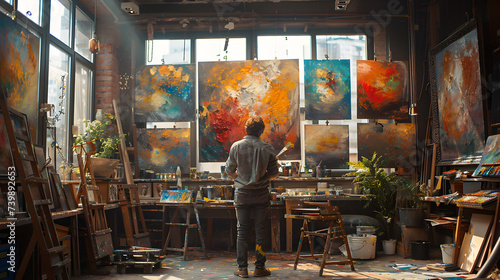 A creative artist painting in a vibrant studio with colorful artwork photo