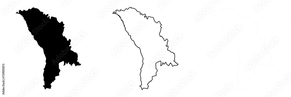 Moldova country silhouette. Set of 3 high detailed maps. Solid black silhouette, thick black outline and thin black outline. Vector illustration isolated on white background.