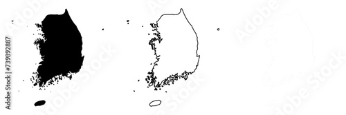 South Korea country silhouette. Set of 3 high detailed maps. Solid black silhouette, thick black outline and thin black outline. Vector illustration isolated on white background.