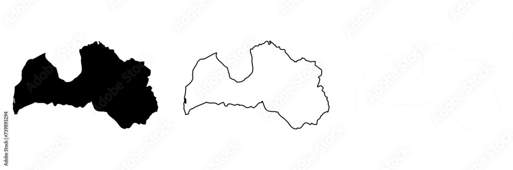 Latvia country silhouette. Set of 3 high detailed maps. Solid black silhouette, thick black outline and thin black outline. Vector illustration isolated on white background. Latvia country silhouette. Set of 3 high detailed maps. Solid black silhouette, thick black outline and thin black outline. Vector illustration isolated on white background.