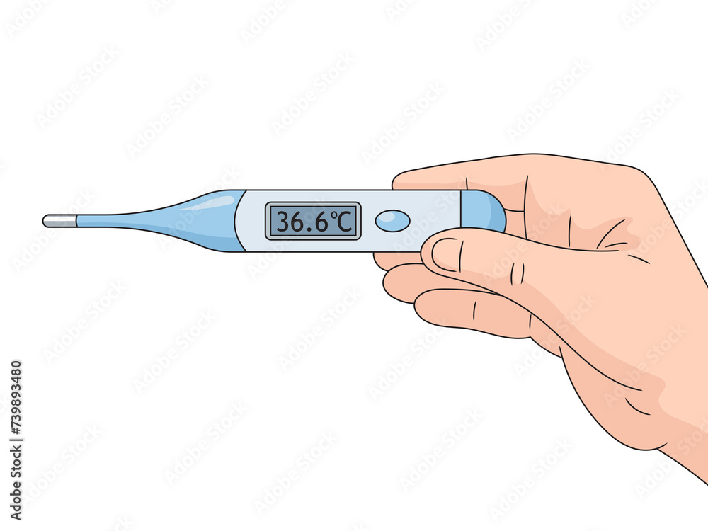 Obraz premium Medical electronic thermometer hand-drawn schematic raster illustration. Medical science educational illustration