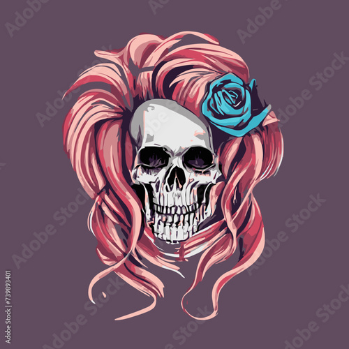 vector artwork A skull vector , cranium skull , human skull vector,free vector with pink hair and a blue flower in hair 
