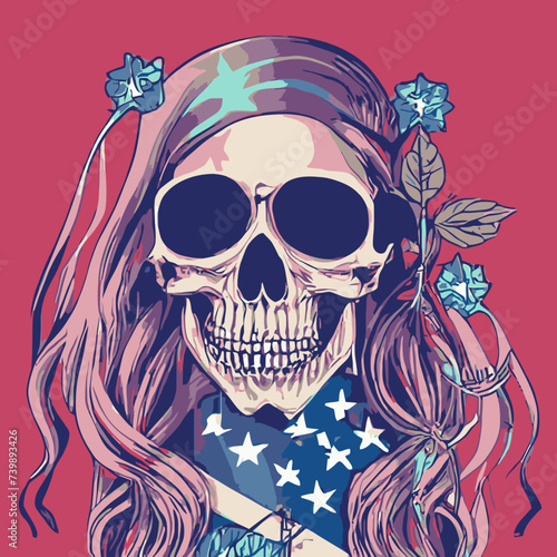 vector artwork A skull vector , cranium skull , human skull vector,free vector with pink hair and blue flowers vector design 