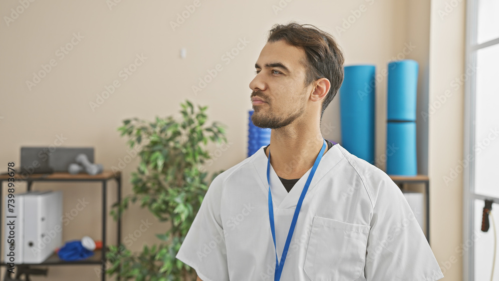 Handsome young hispanic male healthcare worker in scrub posing thoughtfully in a bright clinic Handsome young hispanic male healthcare worker in scrub posing thoughtfully in a bright clinic