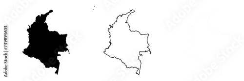 Colombia country silhouette. Set of 3 high detailed maps. Solid black silhouette, thick black outline and thin black outline. Vector illustration isolated on white background.