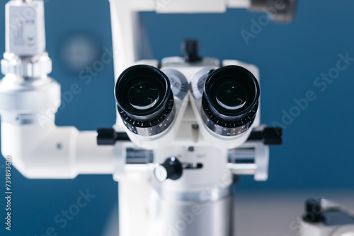 Interior of a modern ophthalmology operating room with modern equipment. The concept of new ophthalmological and modern technologies for vision correction and treatment.