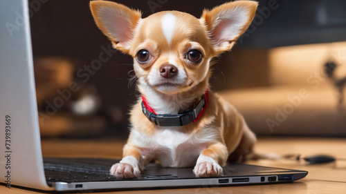 Focused Dog looking laptop Animal cute pet 
