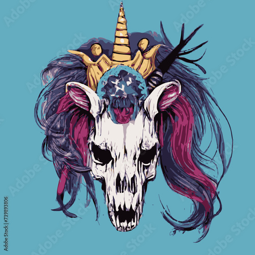vector artwork A unicorn skull vector , cranium skull , human skull vector,free vector with colorful hair vector design