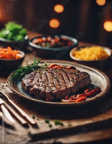 delicious grilled beef in a plate on old wooden desk. copy space for text 