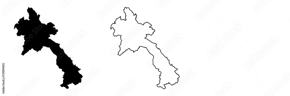 Laos country silhouette. Set of 3 high detailed maps. Solid black silhouette, thick black outline and thin black outline. Vector illustration isolated on white background.