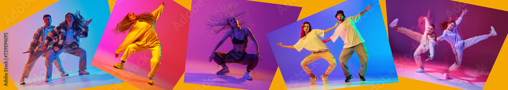 Collage. Dynamic studio portraits of dancers dancing in different styles in motion in neon light against multicolored background. Concept of youth culture, movement, music, fashion and action.