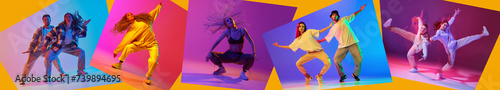 Collage. Dynamic studio portraits of dancers dancing in different styles in motion in neon light against multicolored background. Concept of youth culture, movement, music, fashion and action.