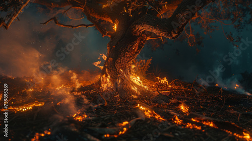 Burning tree. Fire in the forest at night. Natural disaster. Fire and smoke in nature photo