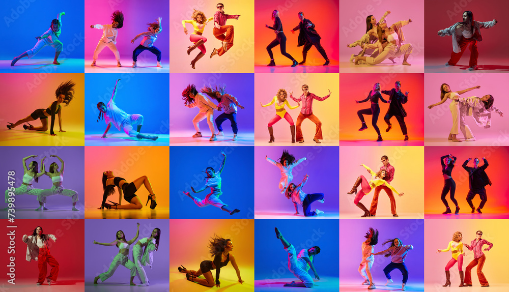 Fototapeta premium Set made of dynamic portraits of artistic people dancing in different styles in motion in neon light against multicolored background. Concept of youth culture, movement, music, fashion and action.