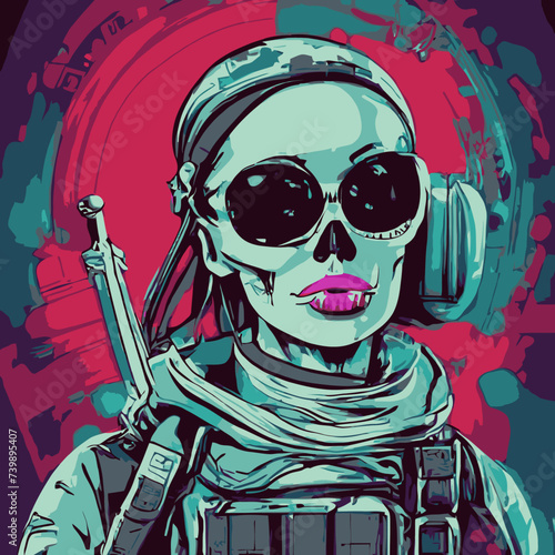 vector artwork color A cartoon of a woman wearing a skull vector , cranium skull , human skull vector,free vector mask and sunglasses 