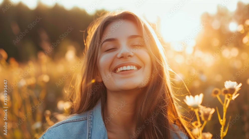 Joyful Young Woman Enjoying Golden Hour in Flower Field Joyful Young Woman Enjoying Golden Hour in Flower Field