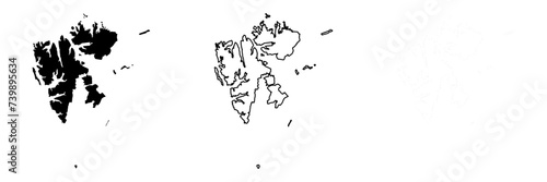 Svalbard, aka Spitzbergen, silhouette. Set of 3 high detailed maps. Solid black silhouette, thick black outline and thin black outline. Vector illustration isolated on white background.