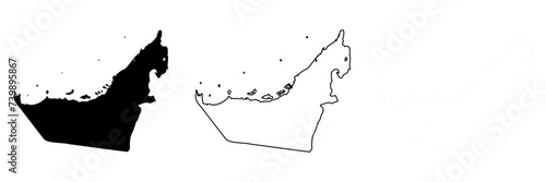 United Arab Emirates country silhouette. Set of 3 high detailed maps. Solid black silhouette, thick black outline and thin black outline. Vector illustration isolated on white background.