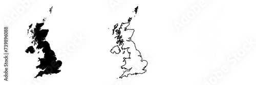 United Kingdom of Great Britain and Northern Ireland country silhouette. Set of 3 high detailed maps. Solid black silhouette, thick black outline and thin black outline. Vector illustration isolated