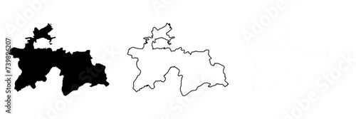 Tajikistan country silhouette. Set of 3 high detailed maps. Solid black silhouette  thick black outline and thin black outline. Vector illustration isolated on white background.