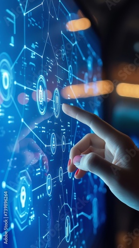 female hand touching smart device with computer icons