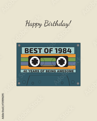 Birthday card with Retro Cassette  multicolor   and handwritten phrase. Birthday party  celebration  holiday  event  festive  congratulations concept. Vector illustration. Postcard  card  cover.